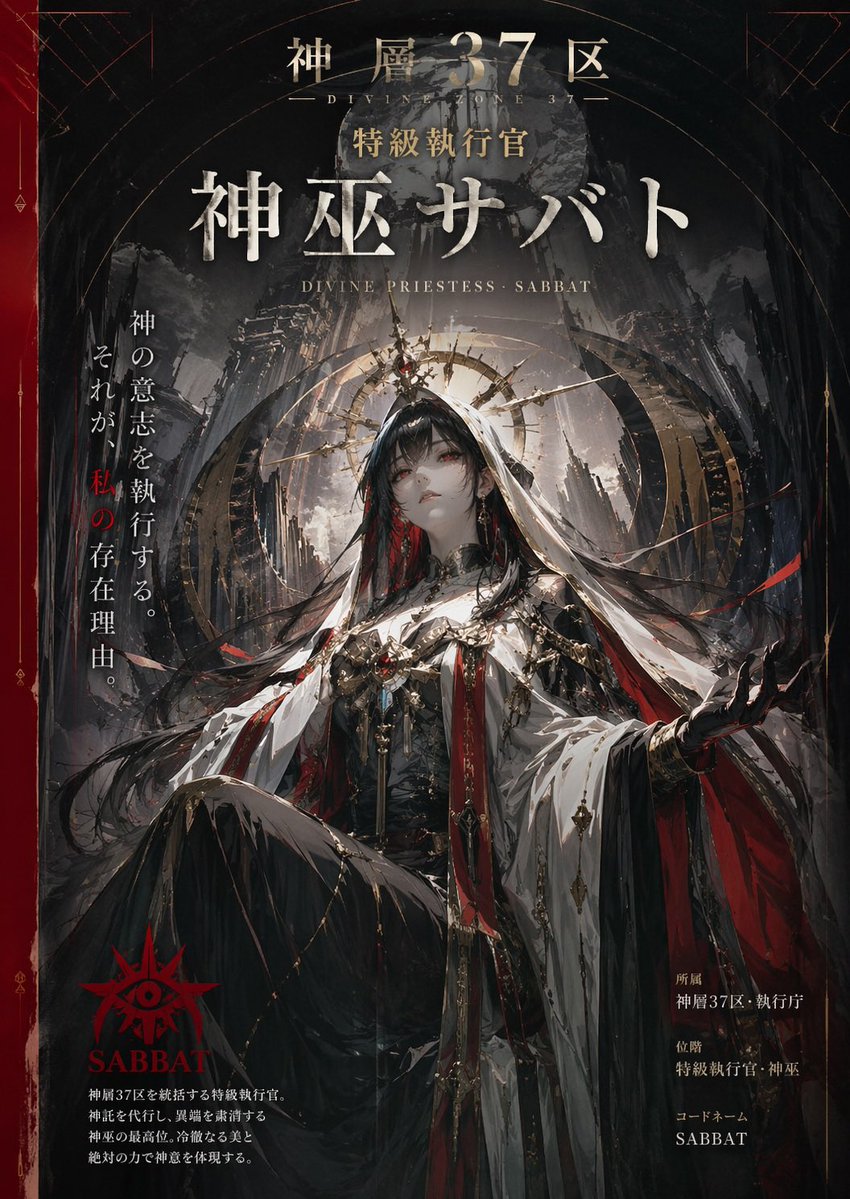 『神層37区 特級執行官 神巫サバト』この名称のキャラクターと世界観に合ったビジュアルイメージを、プロのデザイナーとして縦長のポスターイメージとして制作して